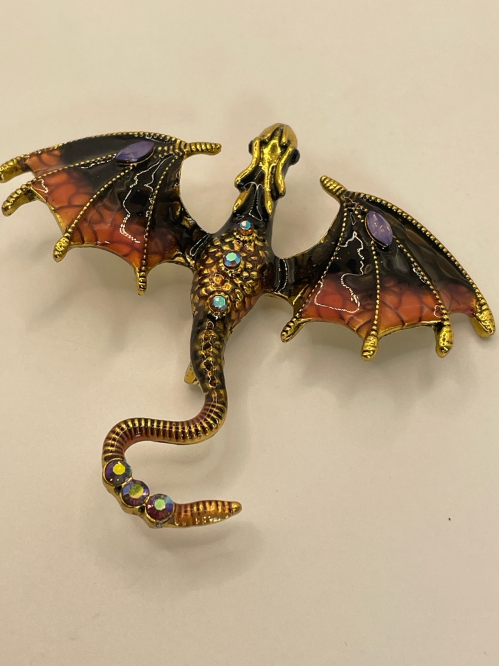 Gold-Tone Dragon Brooch with Purple & Orange Enamel Accents 2.5” New